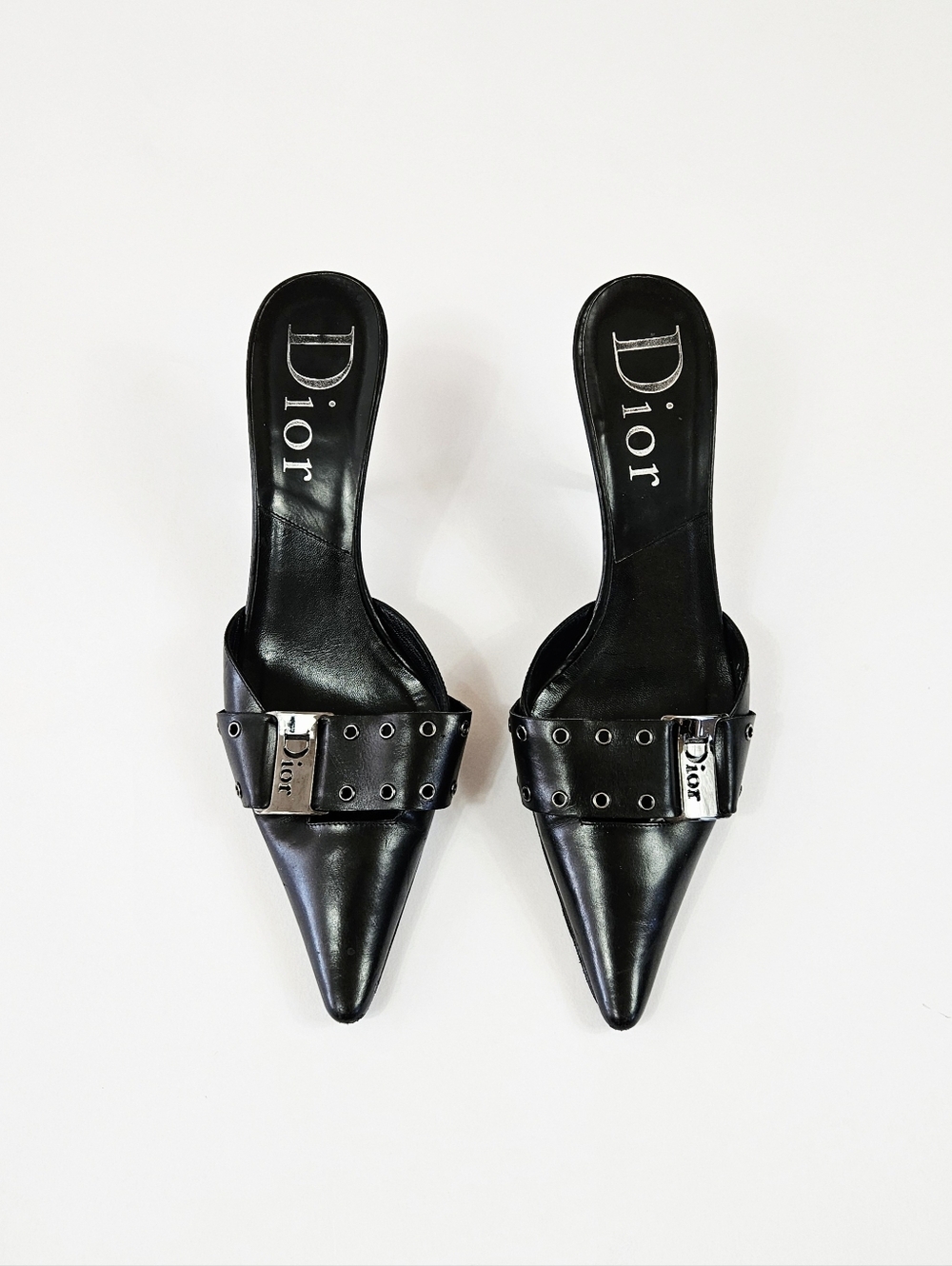 Y2k Dior Heels by John Galliano Pointed Toe Black Leather Mules - Size 38 - Picture 11 of 11